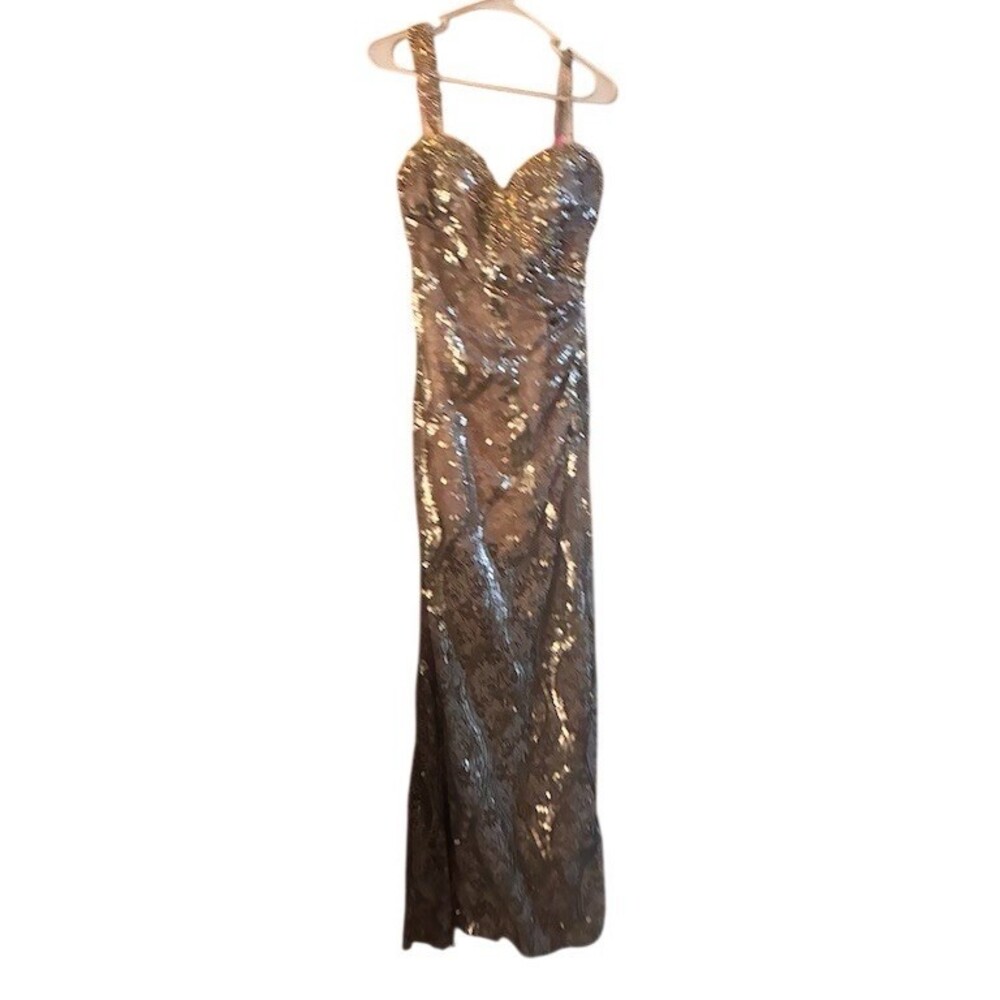Riva Design Gown Womens Size 10 Gold Sweetheart Sequin Beaded Maxi NWT
